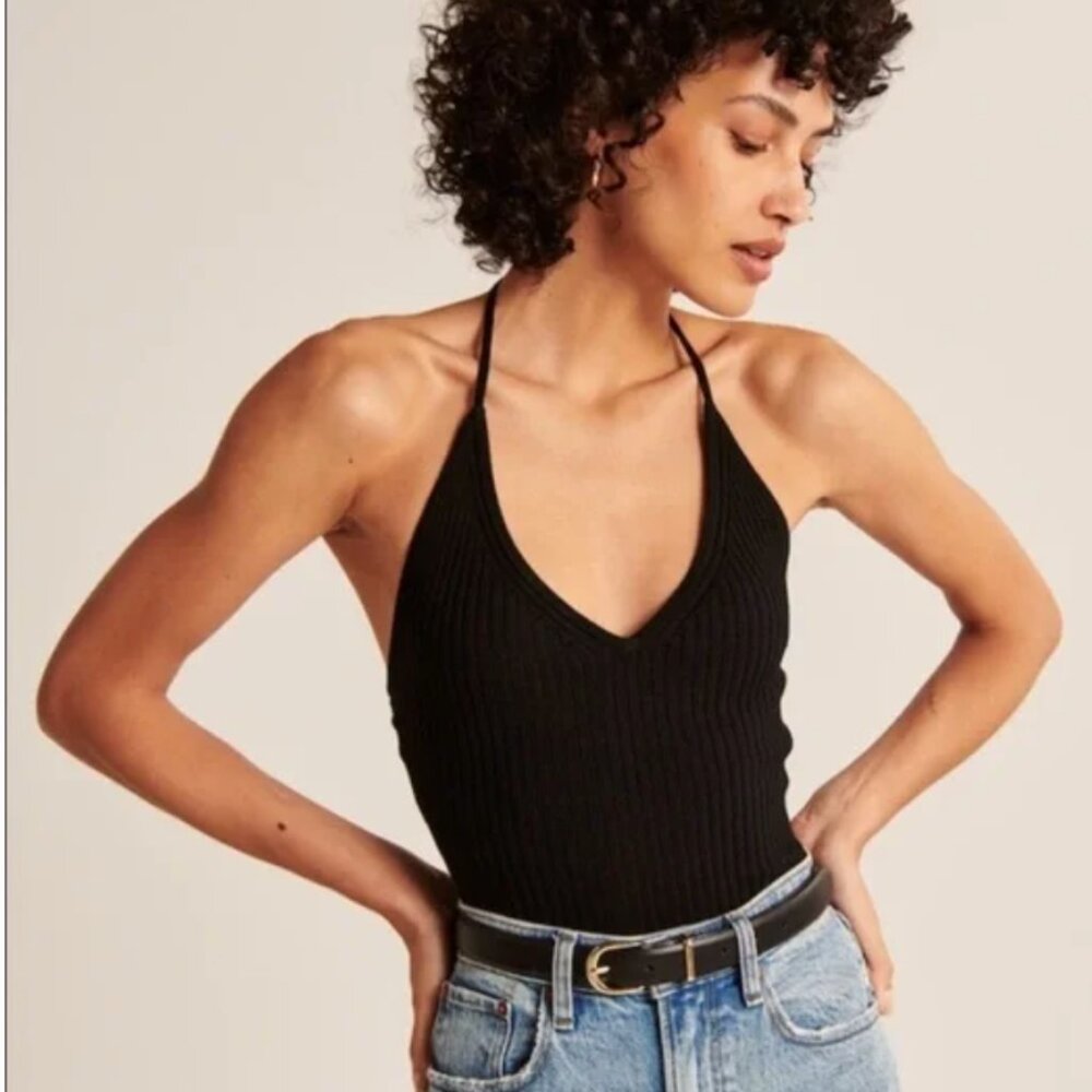 Abercrombie Elevated Knit Tie Halter Black Bodysuit